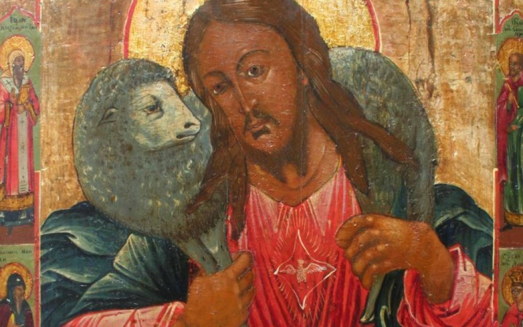 Hyvä paimen ikoni, jossa Kristus kantaa karitsaa hartioillaan