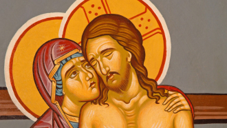 Kristus kuolleena ja Neitsyt Maria ikonissa Jerusalemissa ortodoksisen kirkon ovella 