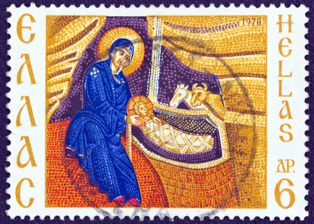 Jouluyön seimi, Maria ja Jeesus-lapsi on ikuistettu kreikkalaiseen postikorttiin