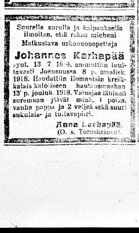 Johanneksen kuolinilmoitus