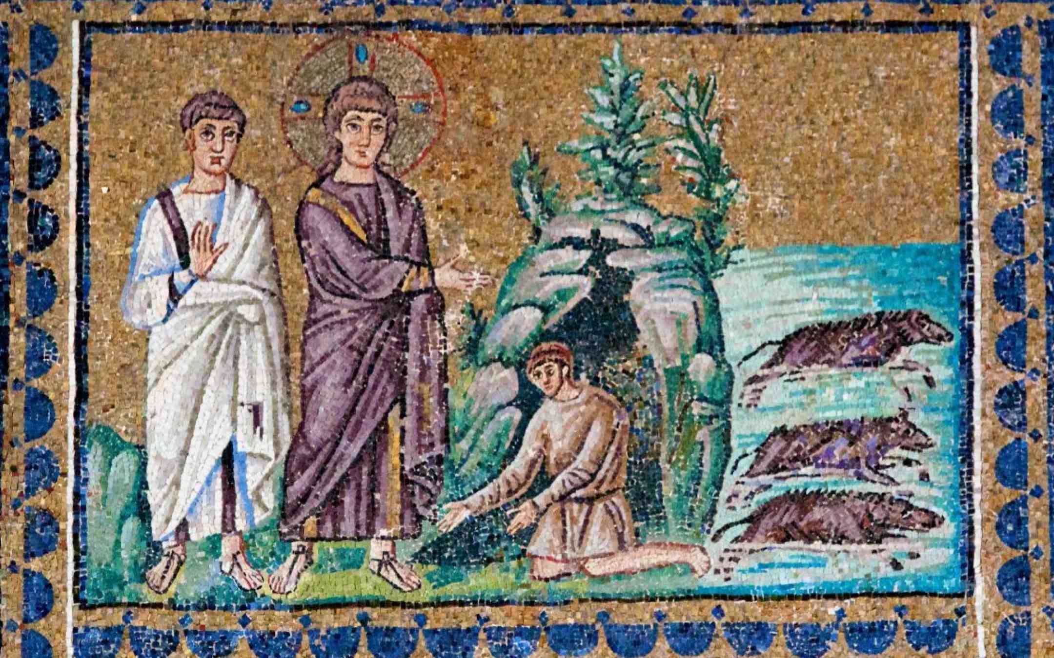 Jeesus ajaa pahan hengen miehestä sikoihin keskiaikaisessa mosaiikissa