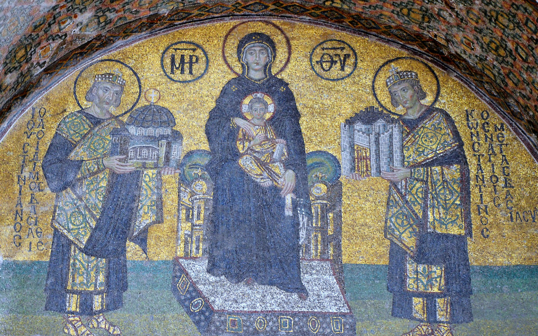 Konstantinus ja Konstantinopoli Justinianus ja Hagia Sofia Neitsyt Maria mosaiikissa