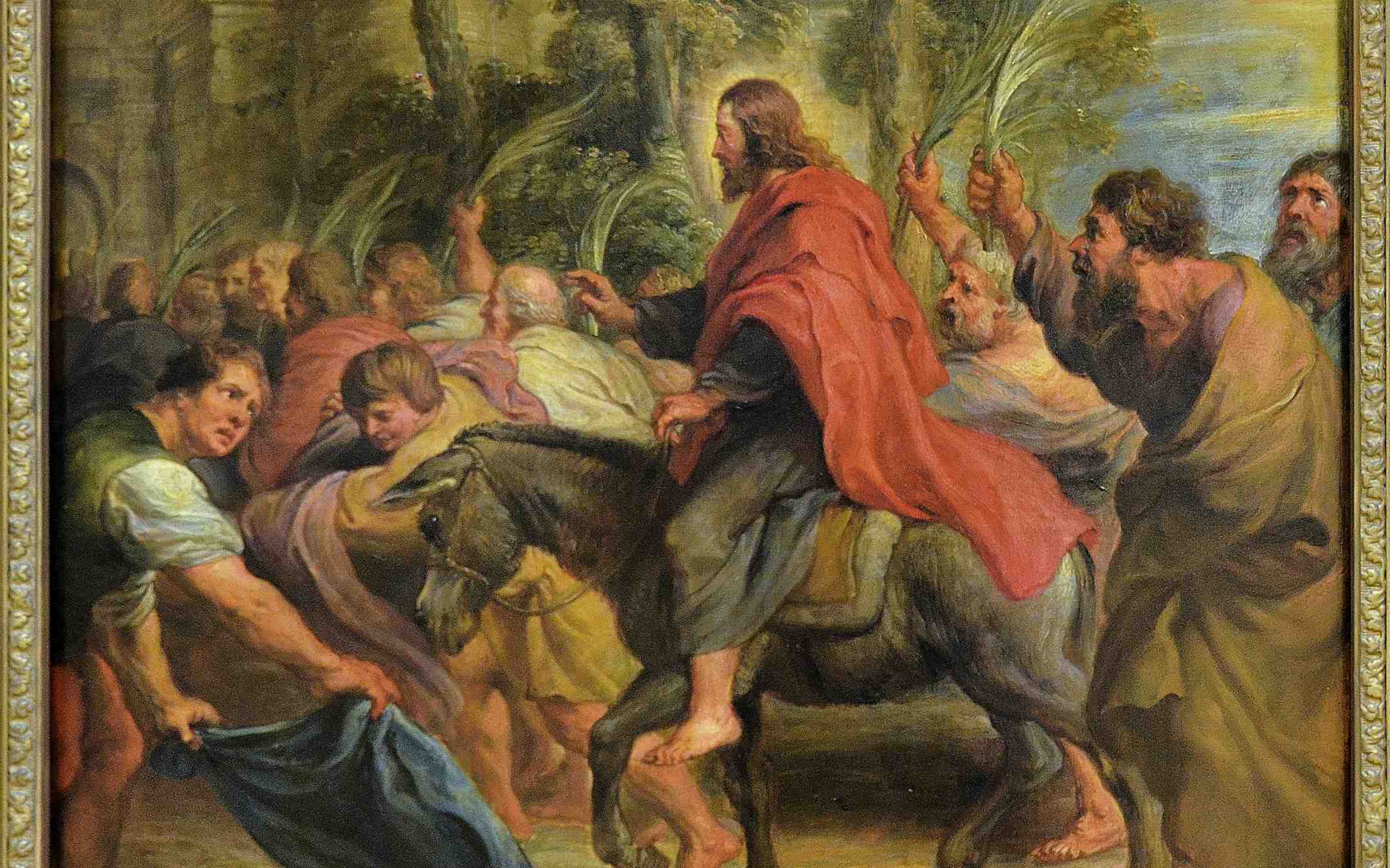 Jeesus ratsastaa Jerusalemiin aasilla Rubensin maalauksessa