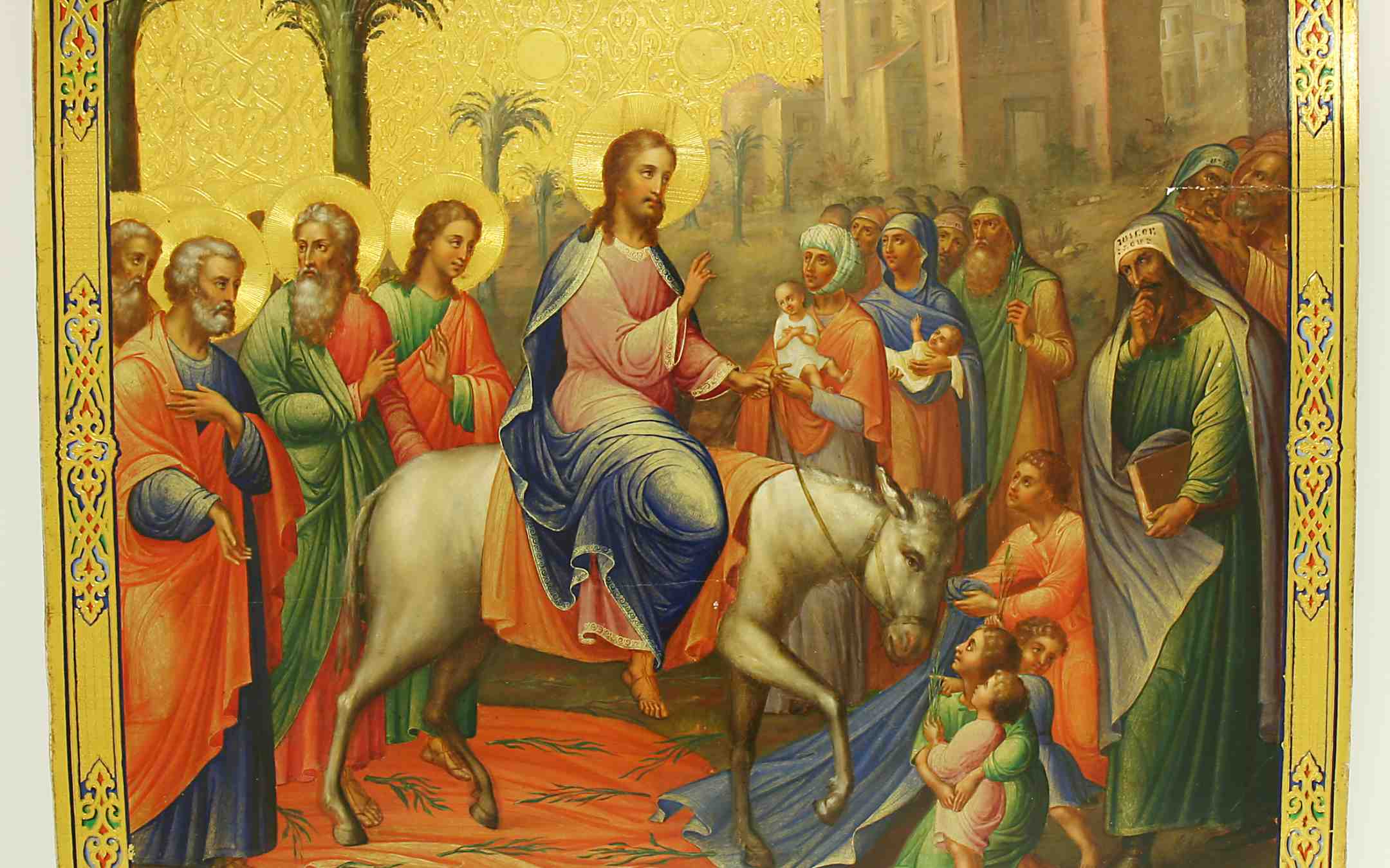 Jeesus ratsastaa Jerusalemiin palmusunnuntain ikonissa