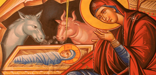 Jouluikoni seimi Jeesus-lapsi ja Maria