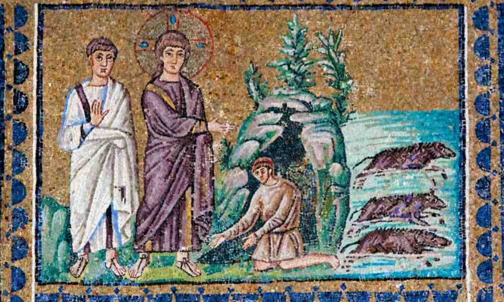 Jeesus ajaa pahan hengen miehestä sikoihin keskiaikaisessa mosaiikissa