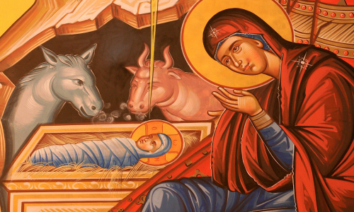 Jouluikoni seimi Jeesus-lapsi ja Maria