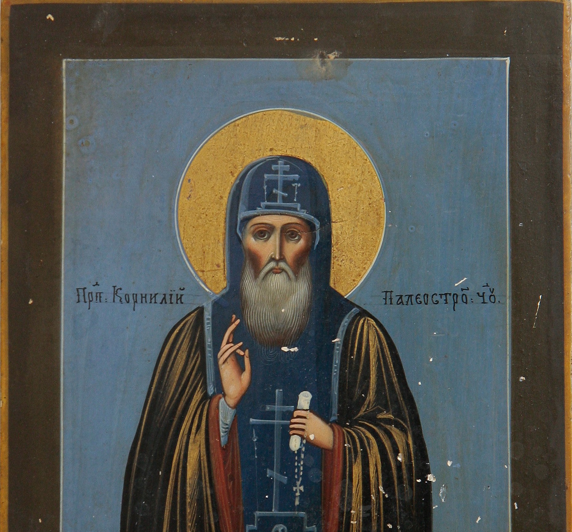 Pyhittäjä Kornili Paleostrovilaisen sinisävyinen ikoni 1800-luvulta