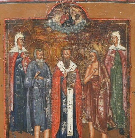 Maria Egyptiläinen Synkletike Basileios Suuri ja muita pyhiä ikonissa