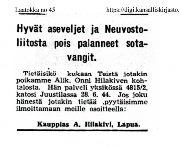 Katoamisilmoitus Laatokka-lehdess&auml; 1945