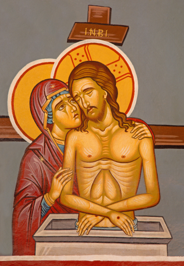 Kristus kuolleena ja Neitsyt Maria ikonissa Jerusalemissa ortodoksisen kirkon ovella