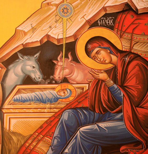 Jouluikoni seimi Jeesus-lapsi ja Maria