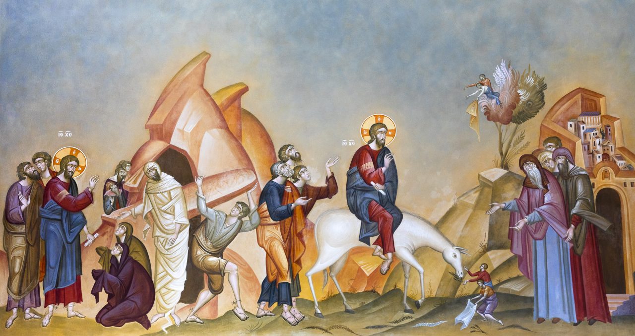 Digitaalisesti käsitelty kuva palmusunnuntain tapahtumia esittävästä kirkon seinämaalauksesta. Alkuperäinen fresko: Panagia Faneromeni, Vouliagmeni, Kreikka.