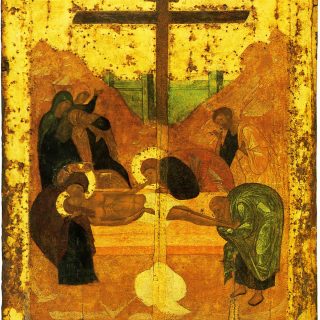 Kristuksen hautaamista kuvaava ikoni Мастерская Андрея Рублева. A.Rublev's workshop Wikimedia Commons