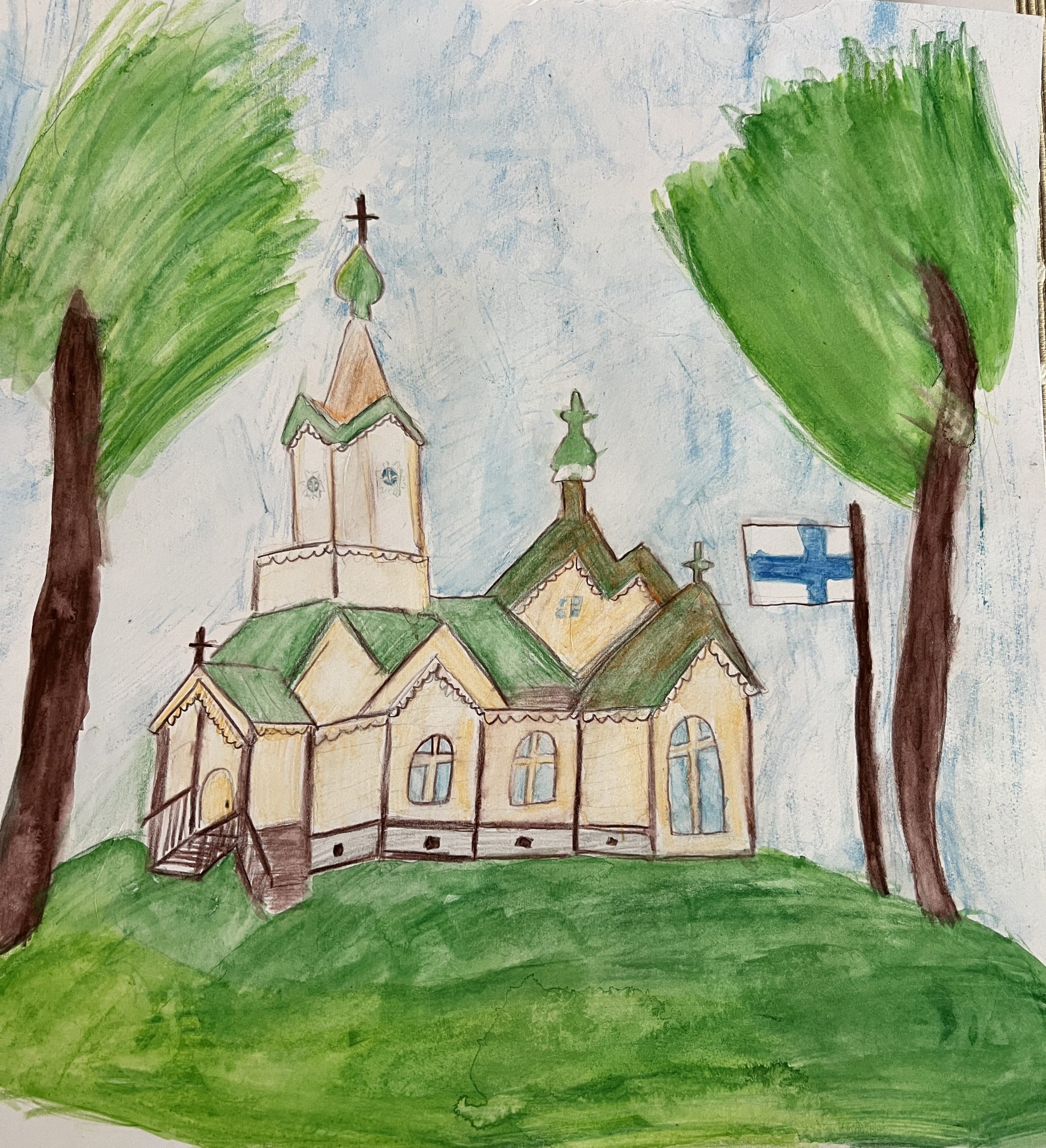 Lasten piirustuskilpailun kuva kirkosta